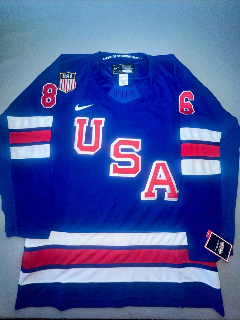 Jack Hughes Team USA 2026 Milano Cortina Olympic Hockey Jersey Blue Sz XL